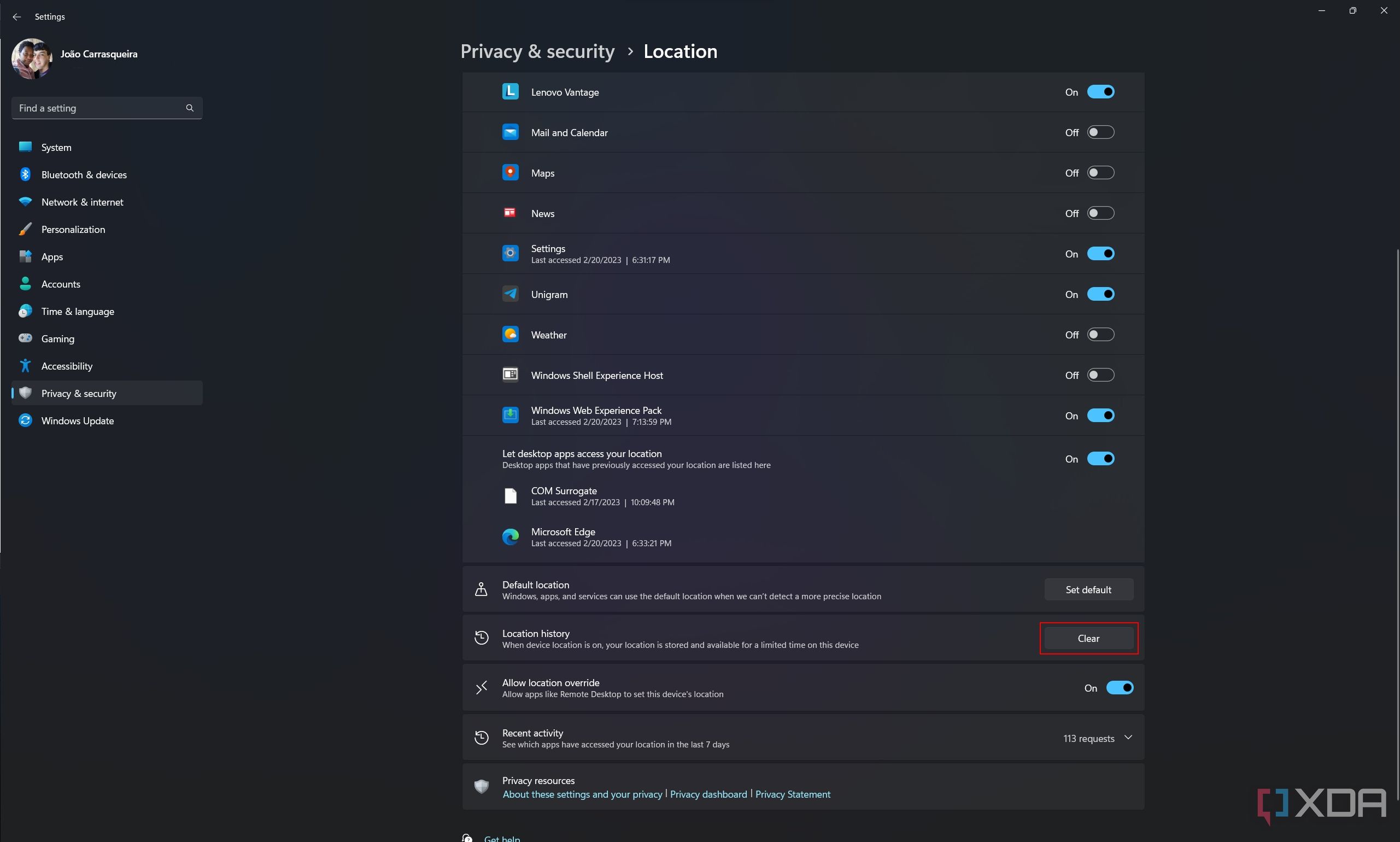 Screenshot of the Location privacy settings in the Windows 11 Settings app 