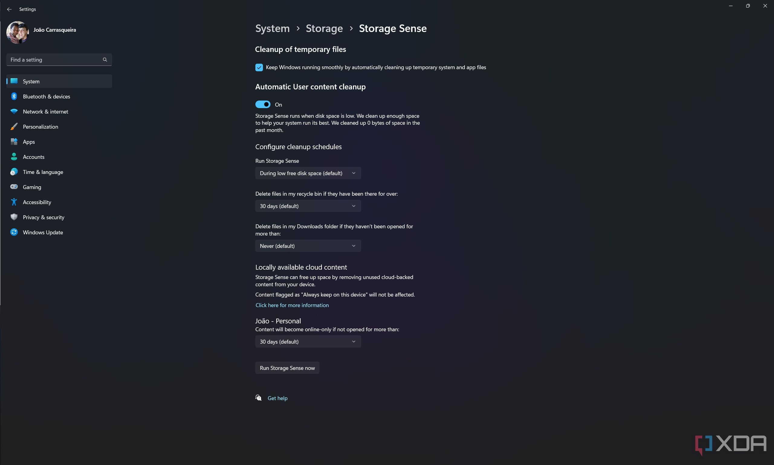 Screenshot of the Storage Sense options in the Windows 11 Settings app