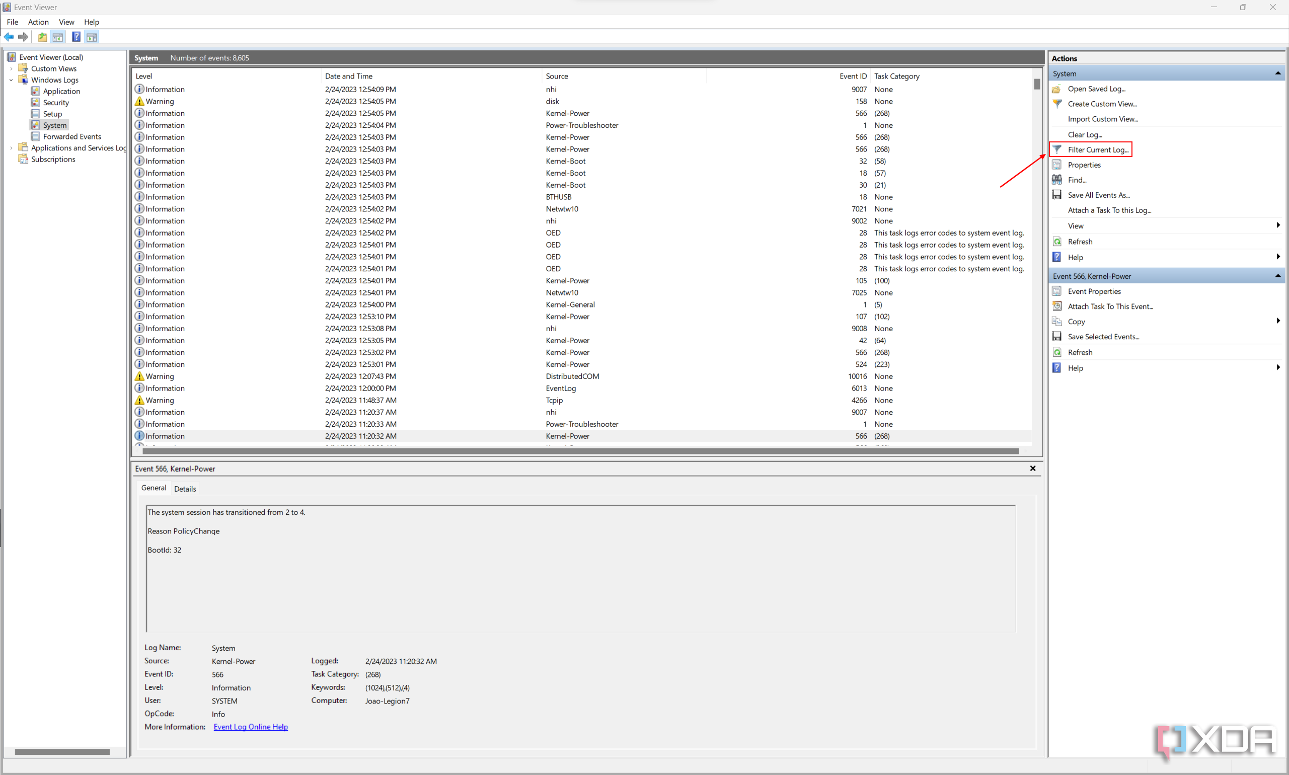Screenshot of Event Viewer with the Filter Current Log option highlighted