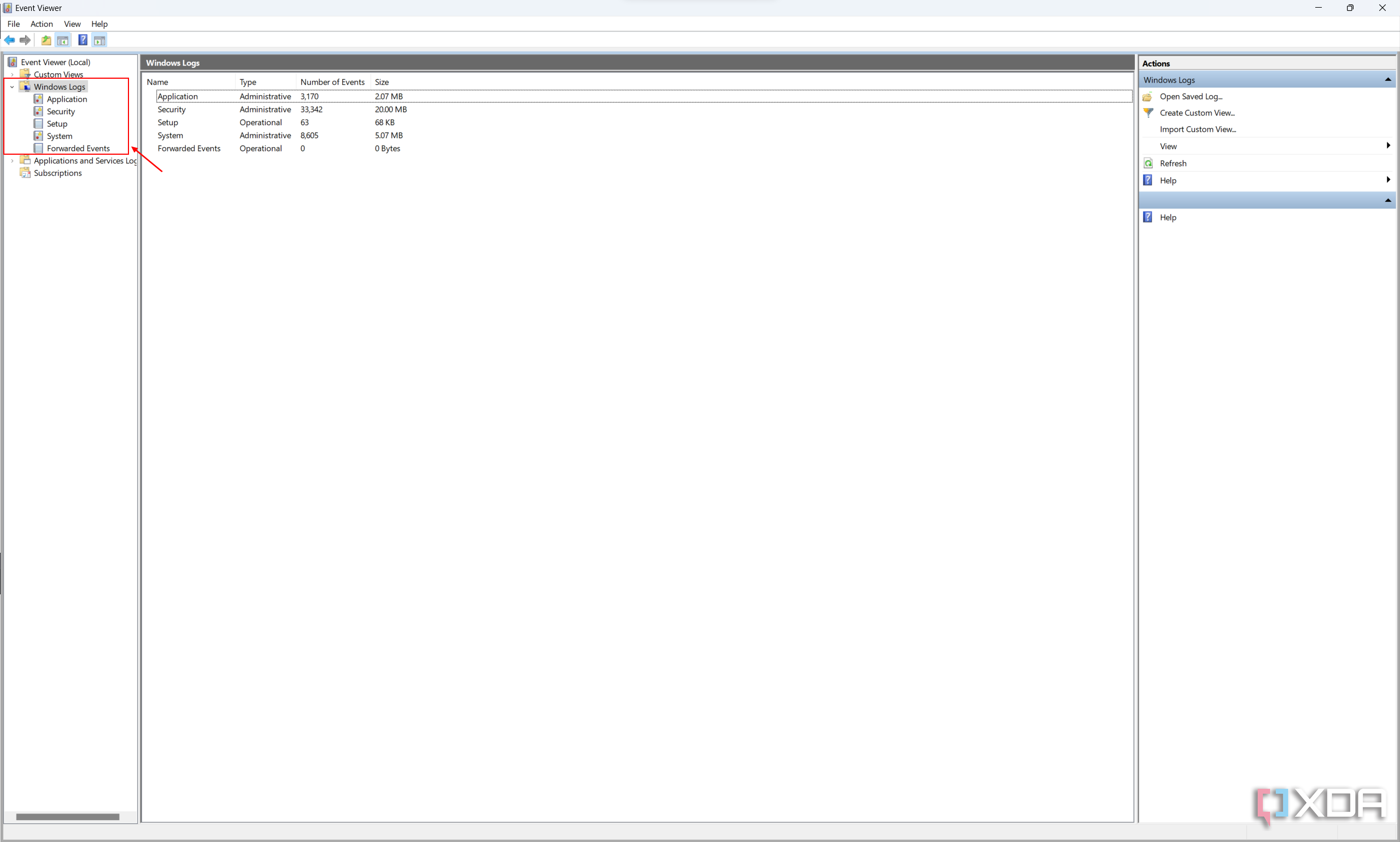 Screenshot of Event Viewer with the Windows Logs folder expanded