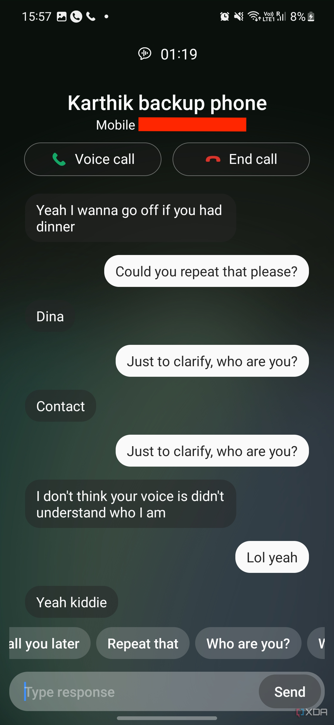 An image showing a screenshot showing the Bixby text call feature in action.
