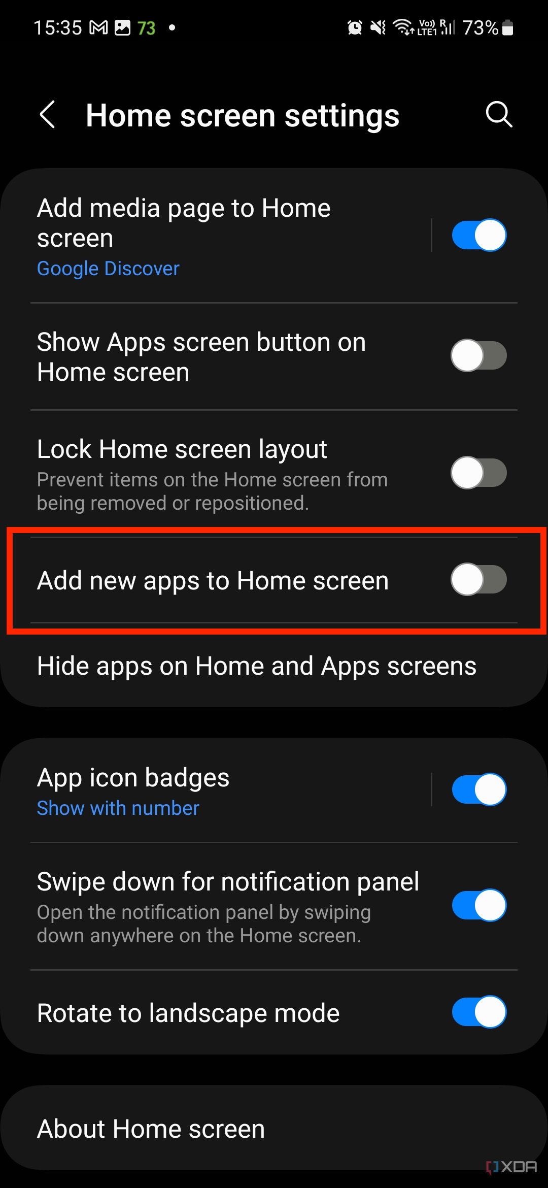 Screenshot showing the home screen settings on the galaxy s23.
