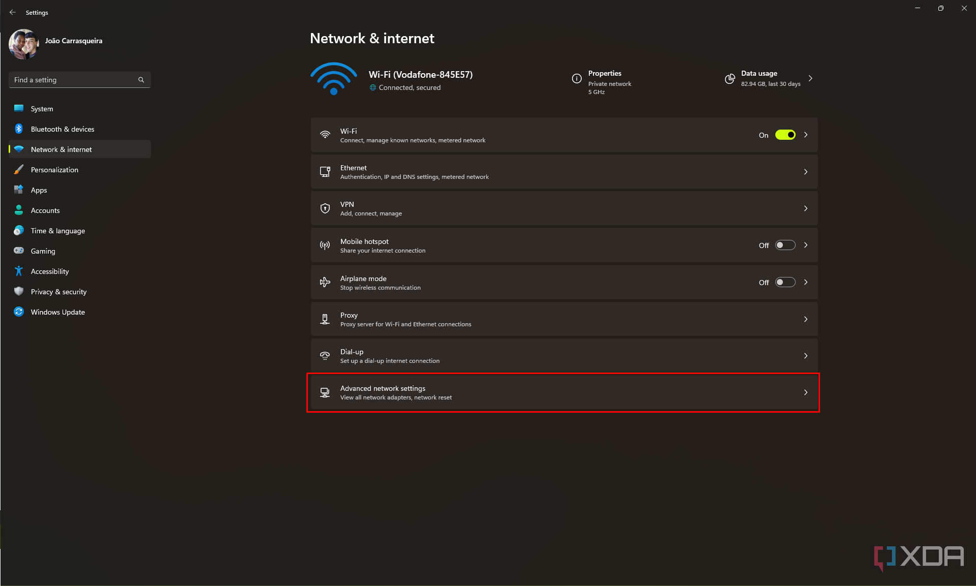 Screenshot of network and internet properties on Windows 11 with the Advanced network settings highlighted