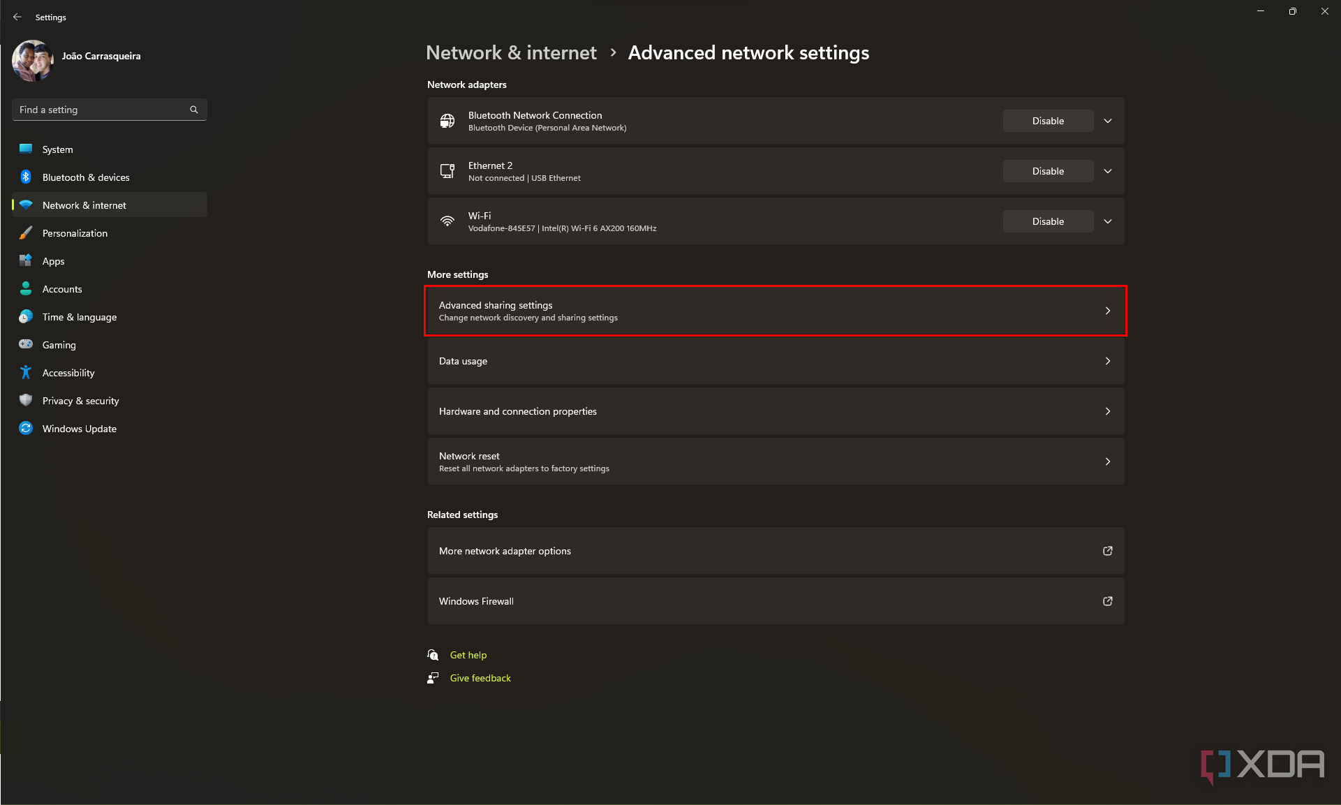 Screenshot of advanced network settings in Windows 11 with the Advanced sharing settings option highlighted