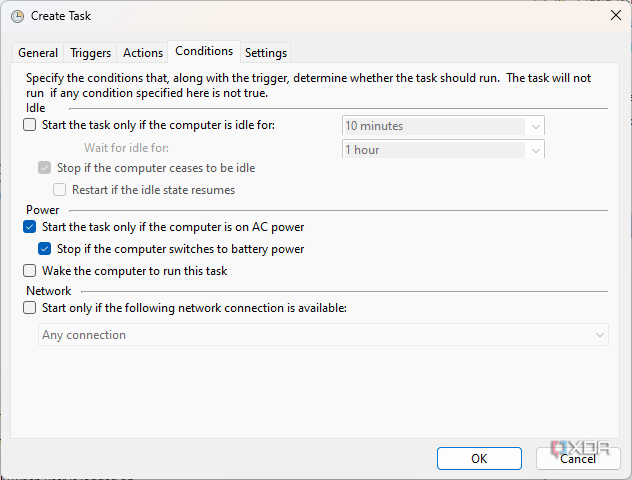 Screenshot of Conditions page for an advanced task in Task Scheduler