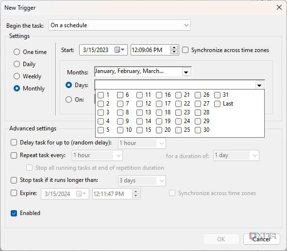 Screenshot of trigger settings when the trigger is set on a monthly schedule