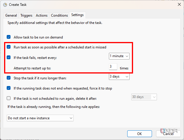 Screenshot of task settings when creating an advanced task