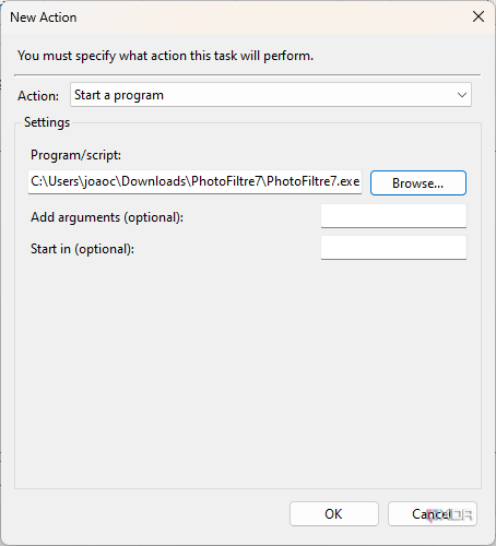 Screenshot of dialog to select an action to be perform with an automated task
