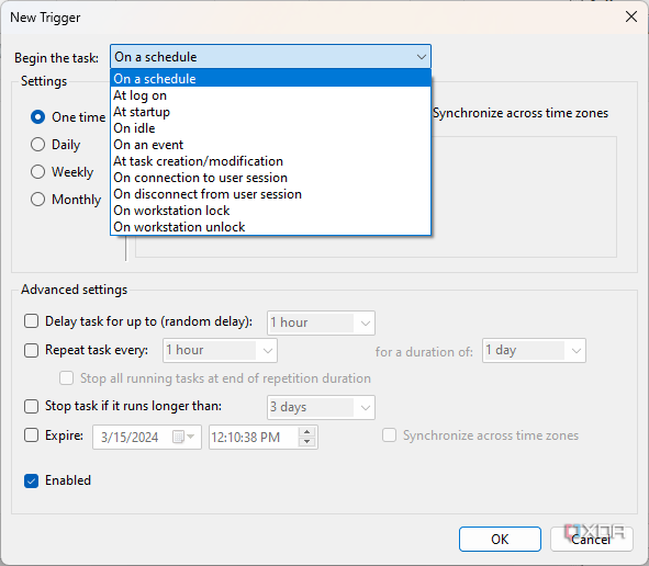 Screenshot of trigger settings for a task in Task Scheduler