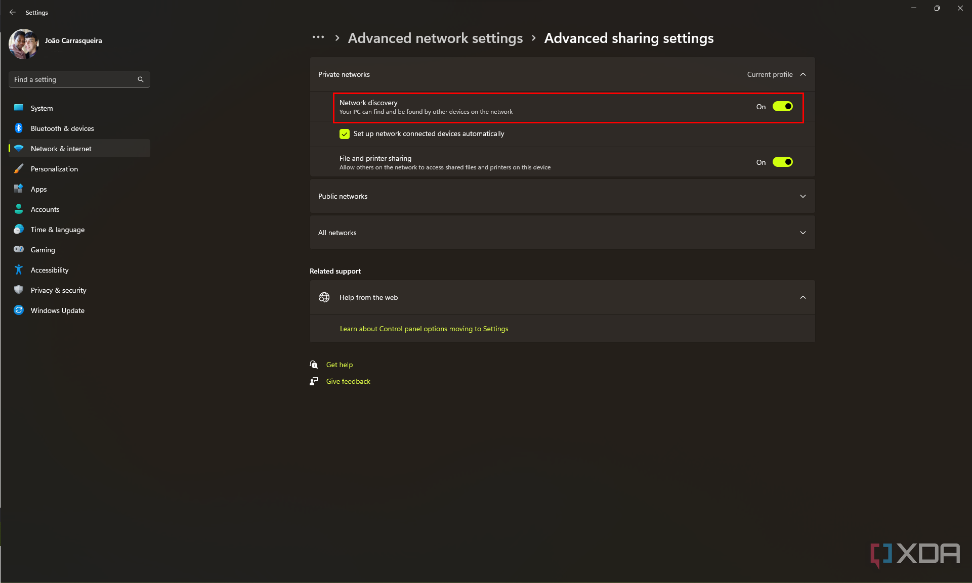 Screenshot of advanced sharing settings with Network discovery and file sharing enabled
