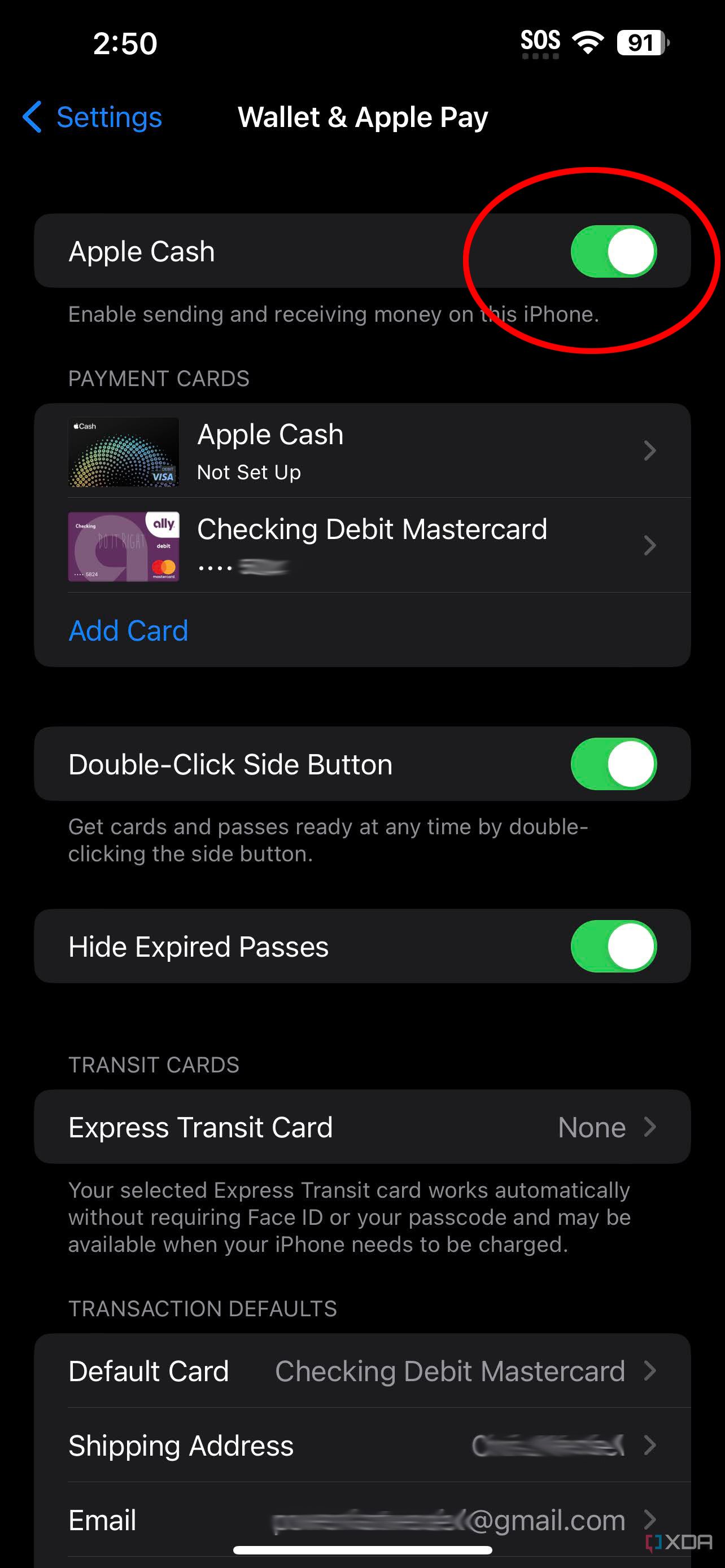 Apple Pay settings showing where to turn on Apple Cash.