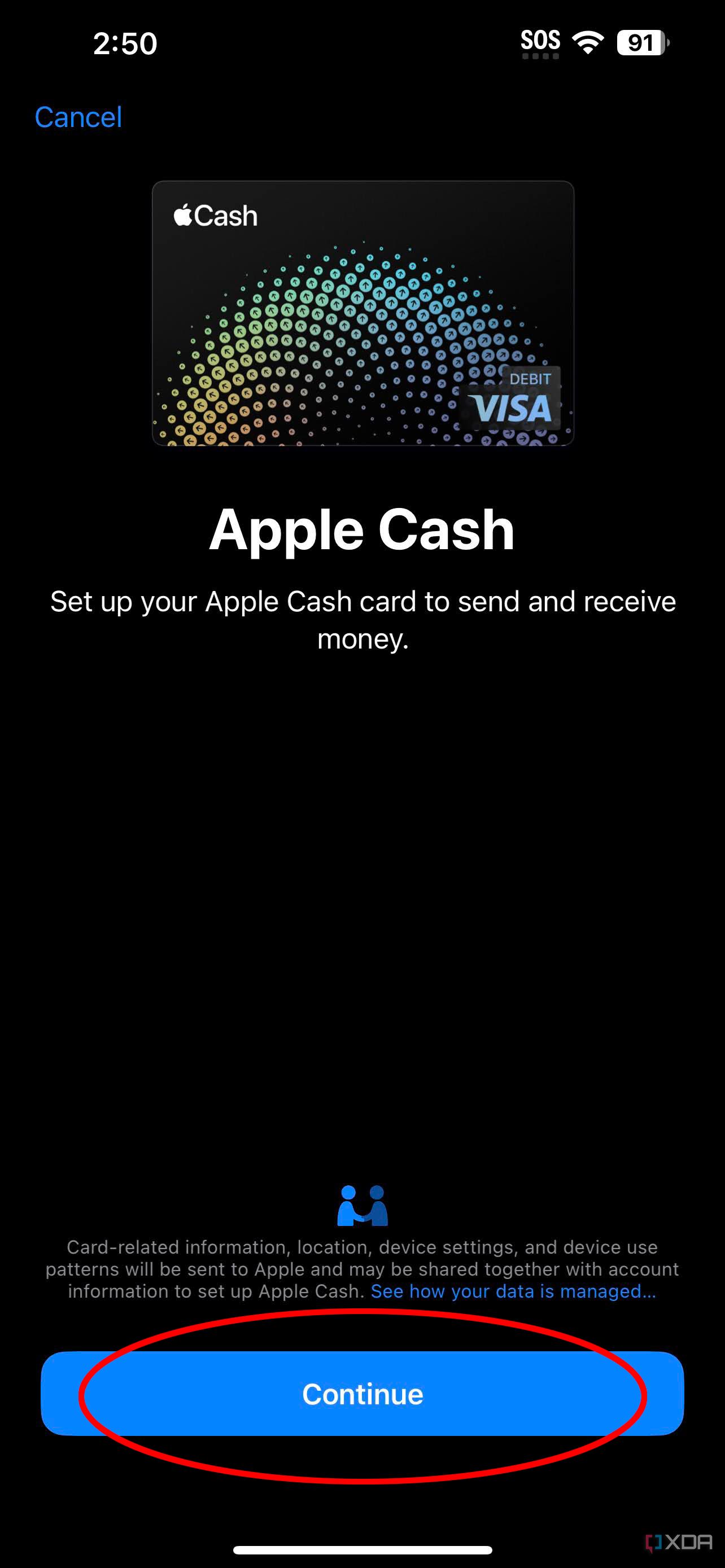 The Apple Cash homepage on iPhone showing continue highlighted.