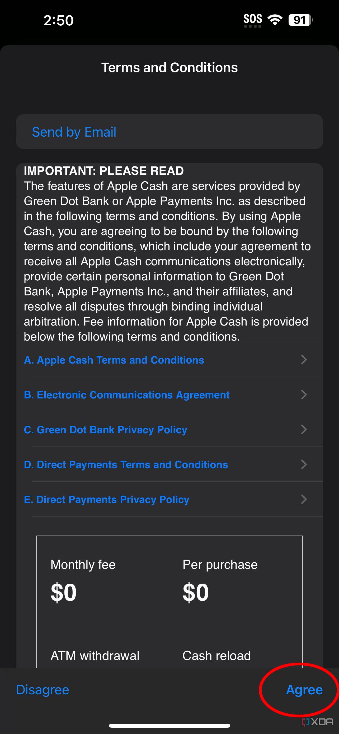 The terms and condition page for Apple Cash.