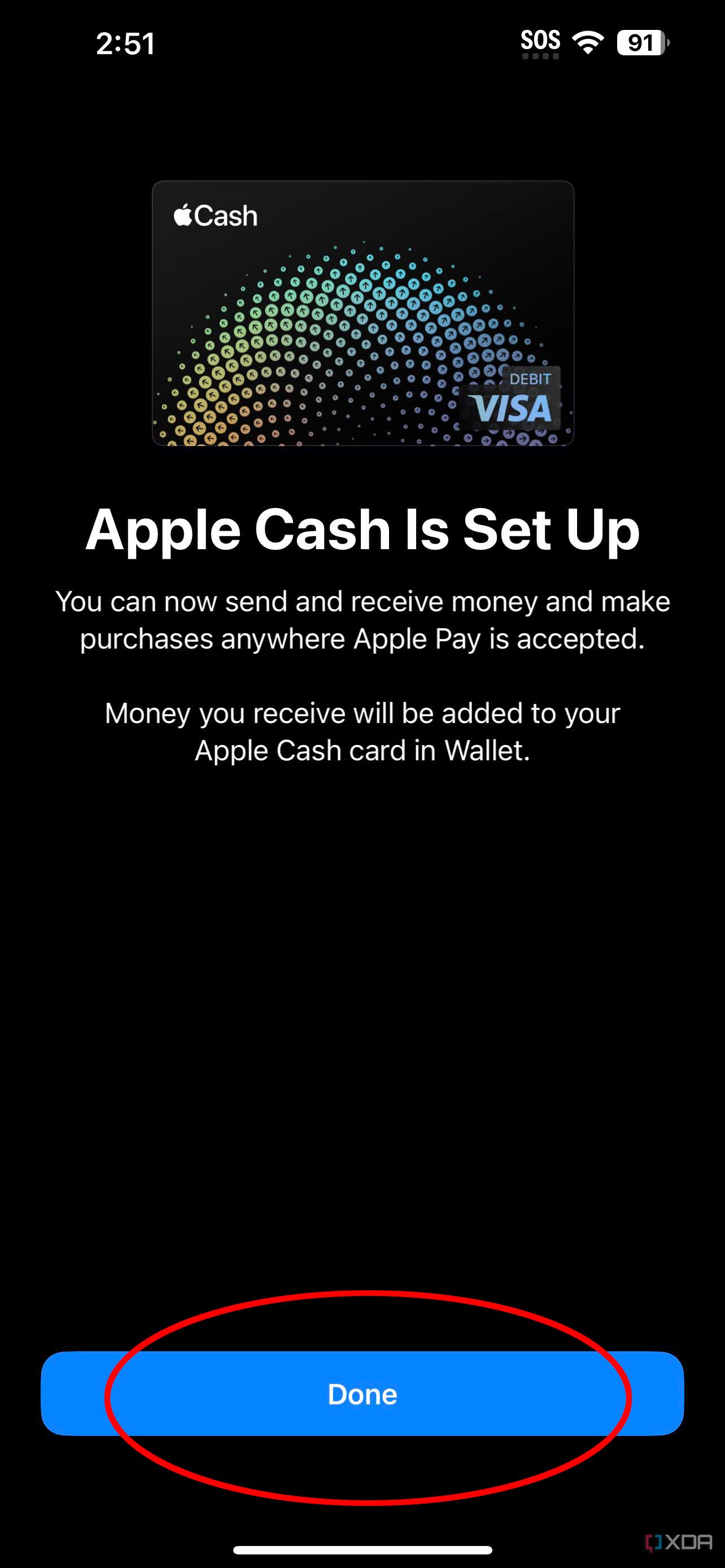 The confirmation page showing that Apple Cash has been set up.