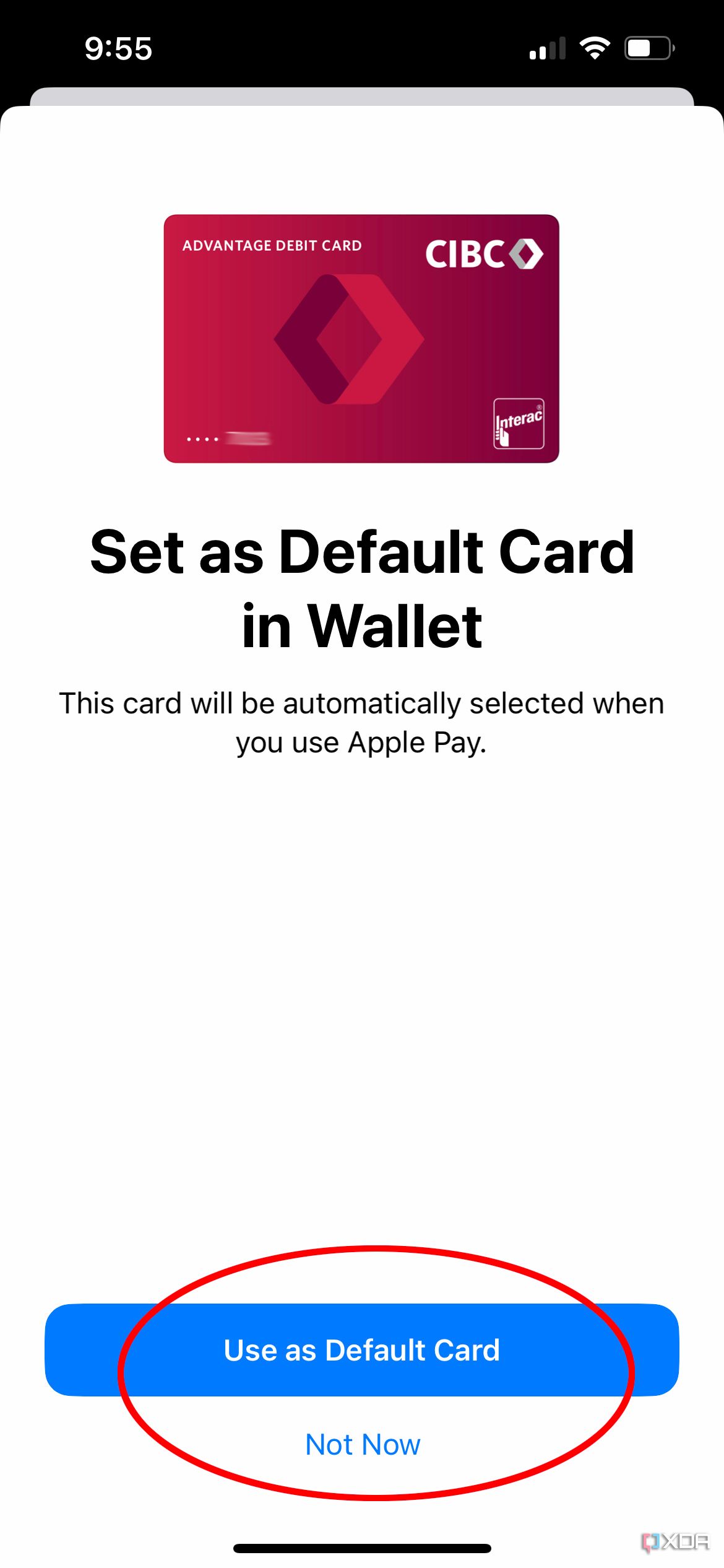 The page to set a new card as default in Apple Wallet.
