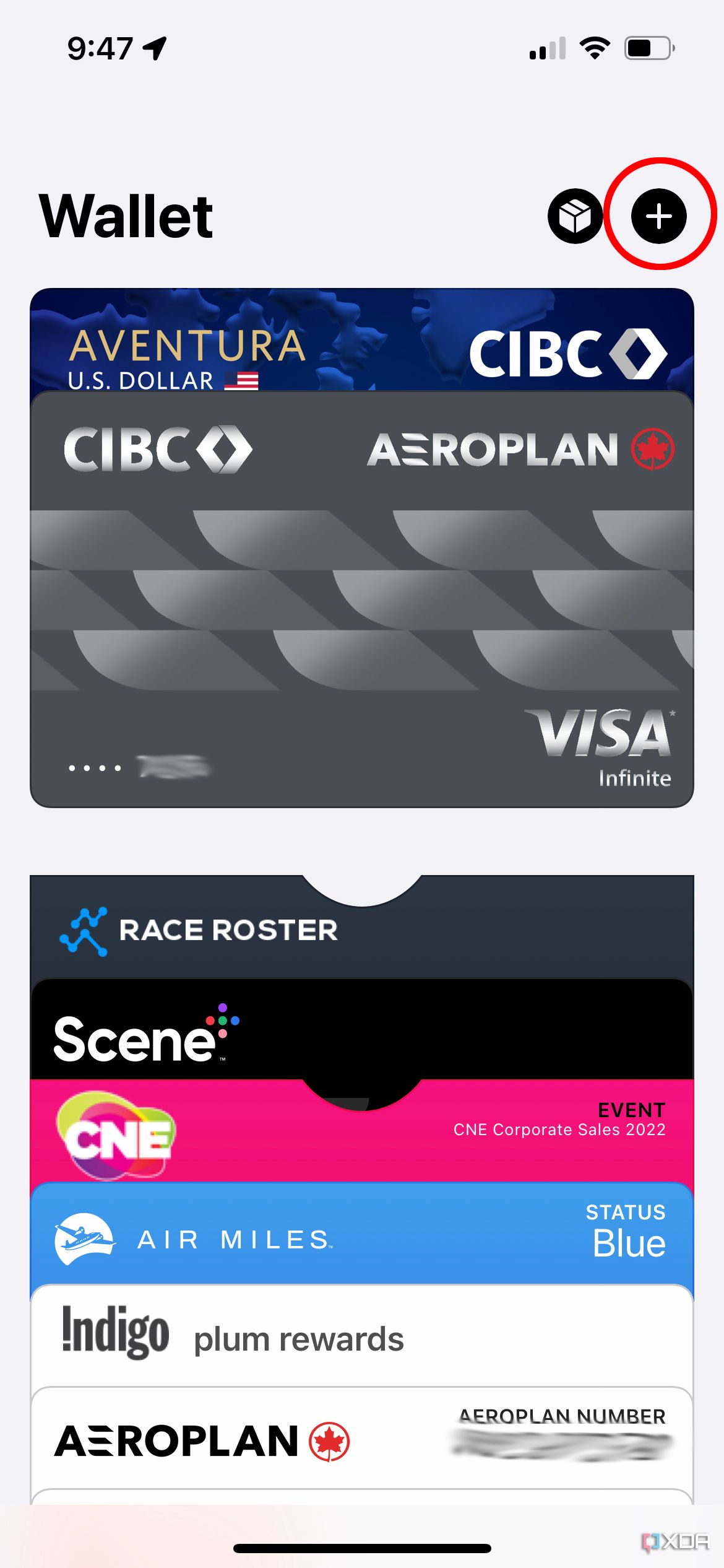 An Apple Wallet screen open on an iPhone showing various cards.