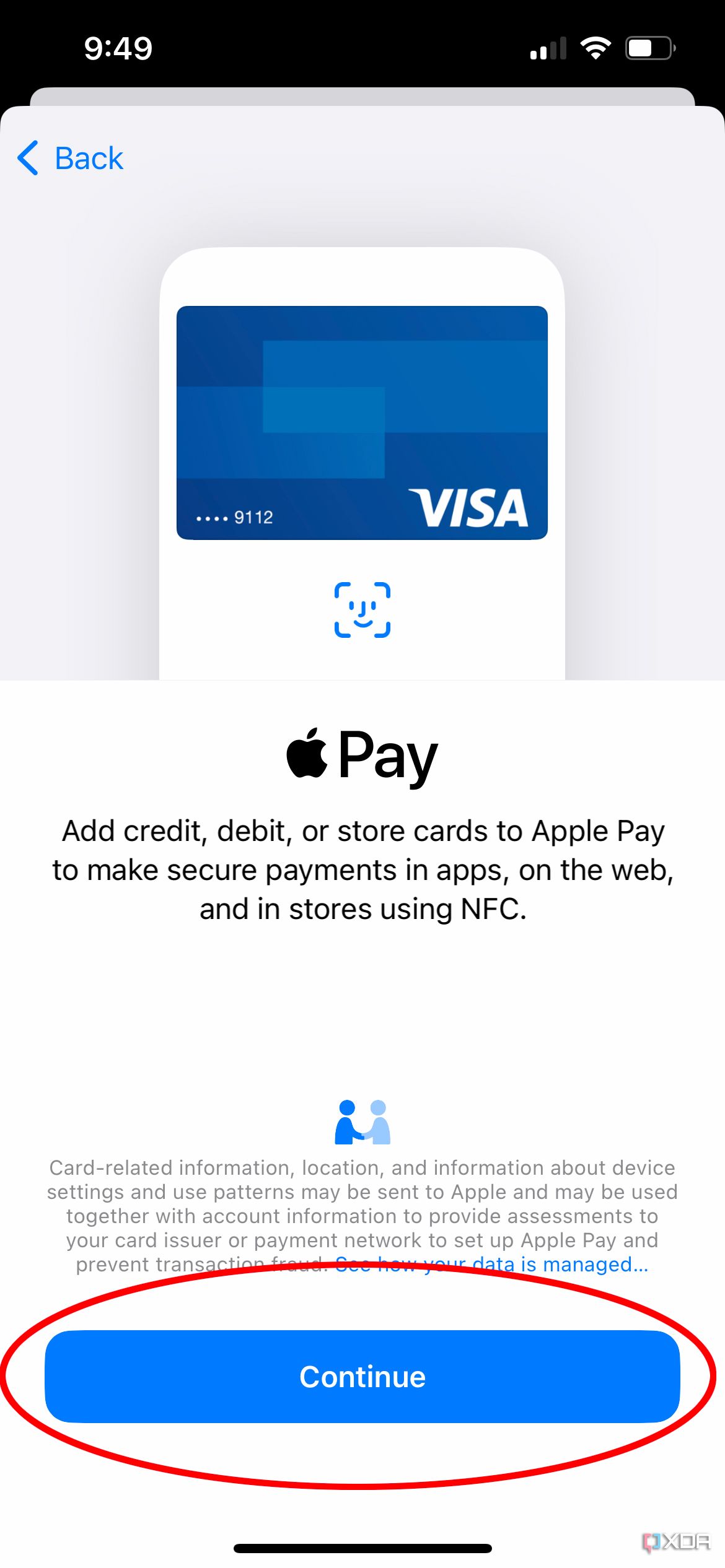 Apple Pay screen on Apple iPhone showing continue.