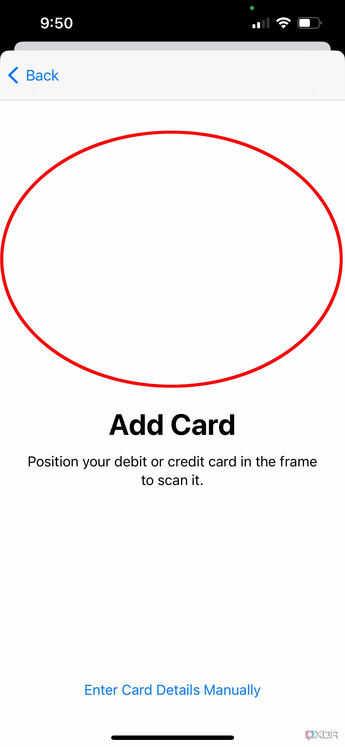 The Add Card screen in Apple Wallet showing where a card would be added.