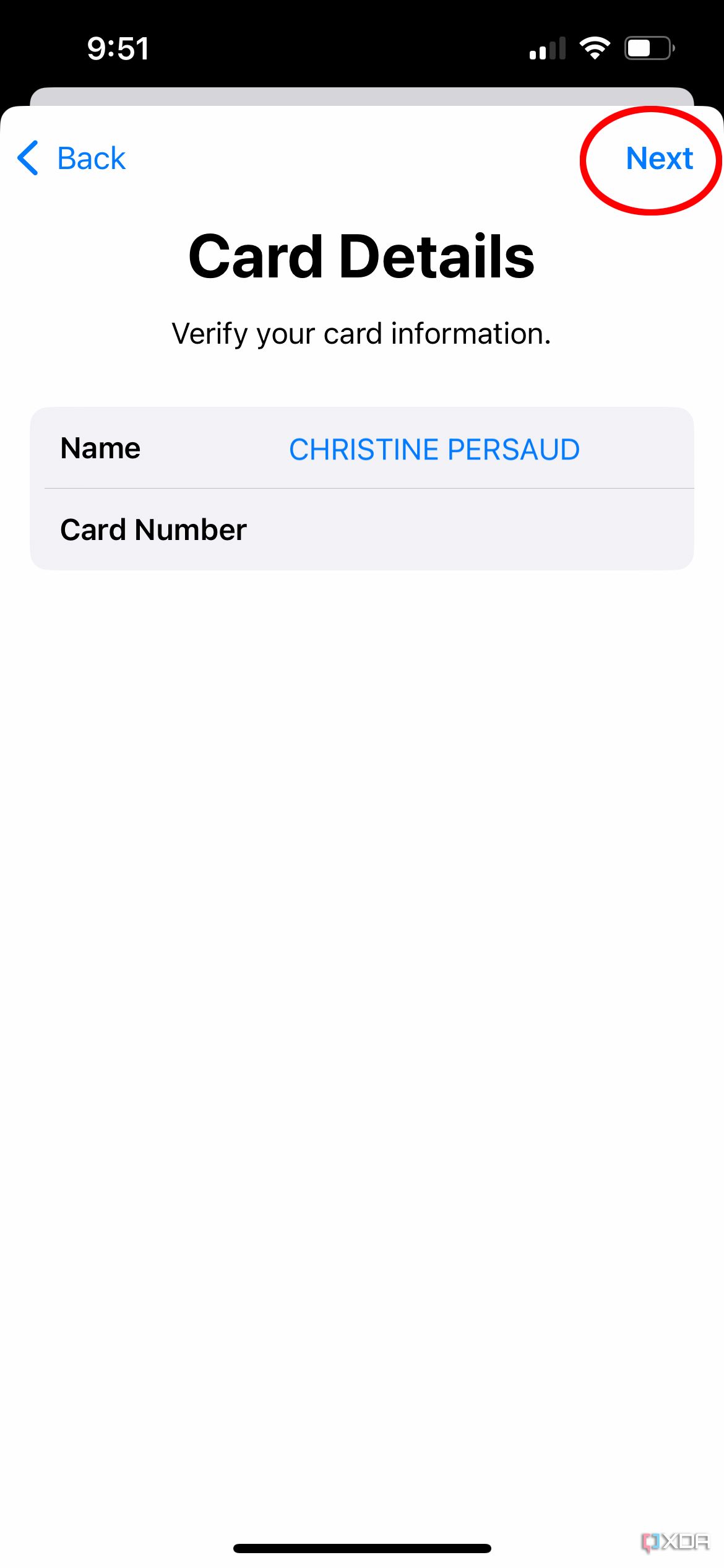 The card details screen when adding a card to Apple Wallet.