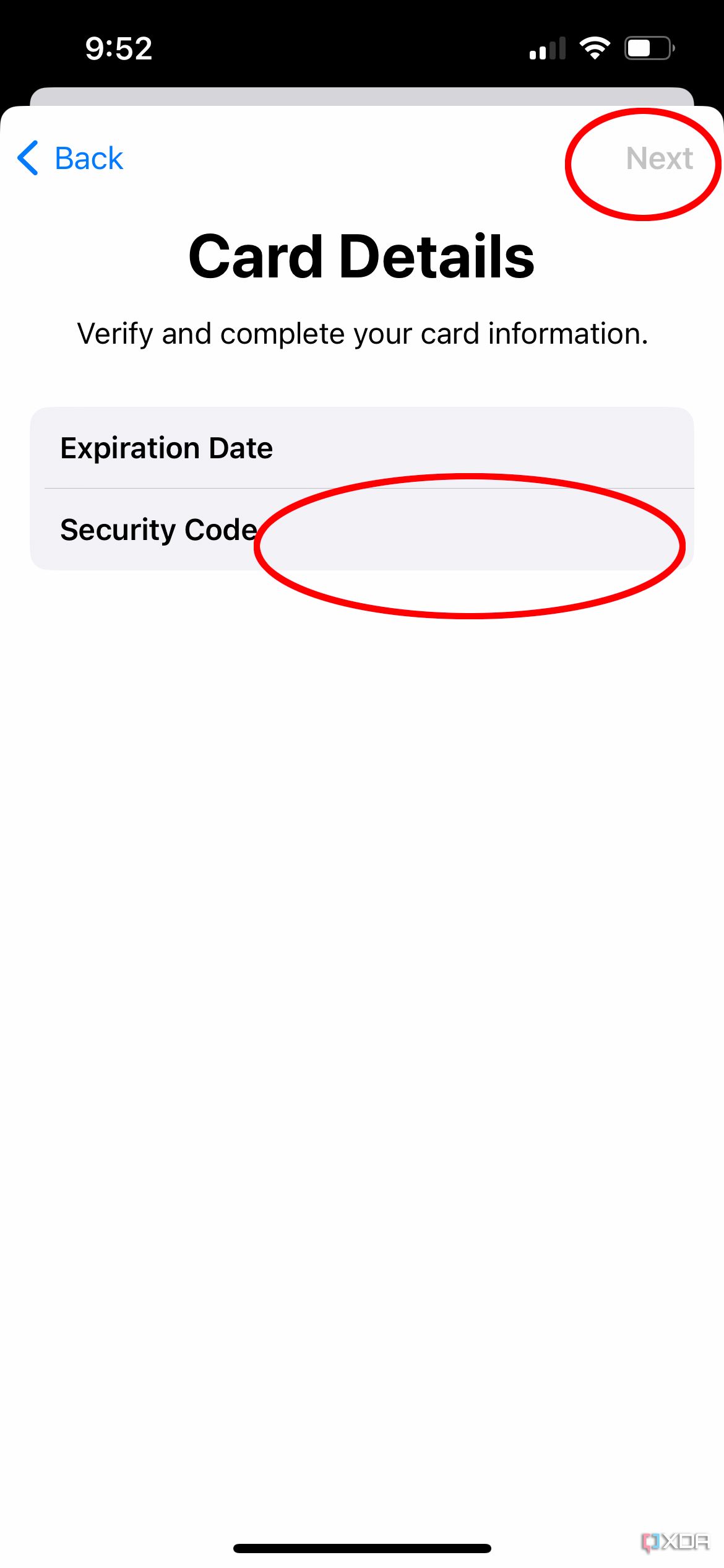 Apple Pay screen showing card details where you can enter them.