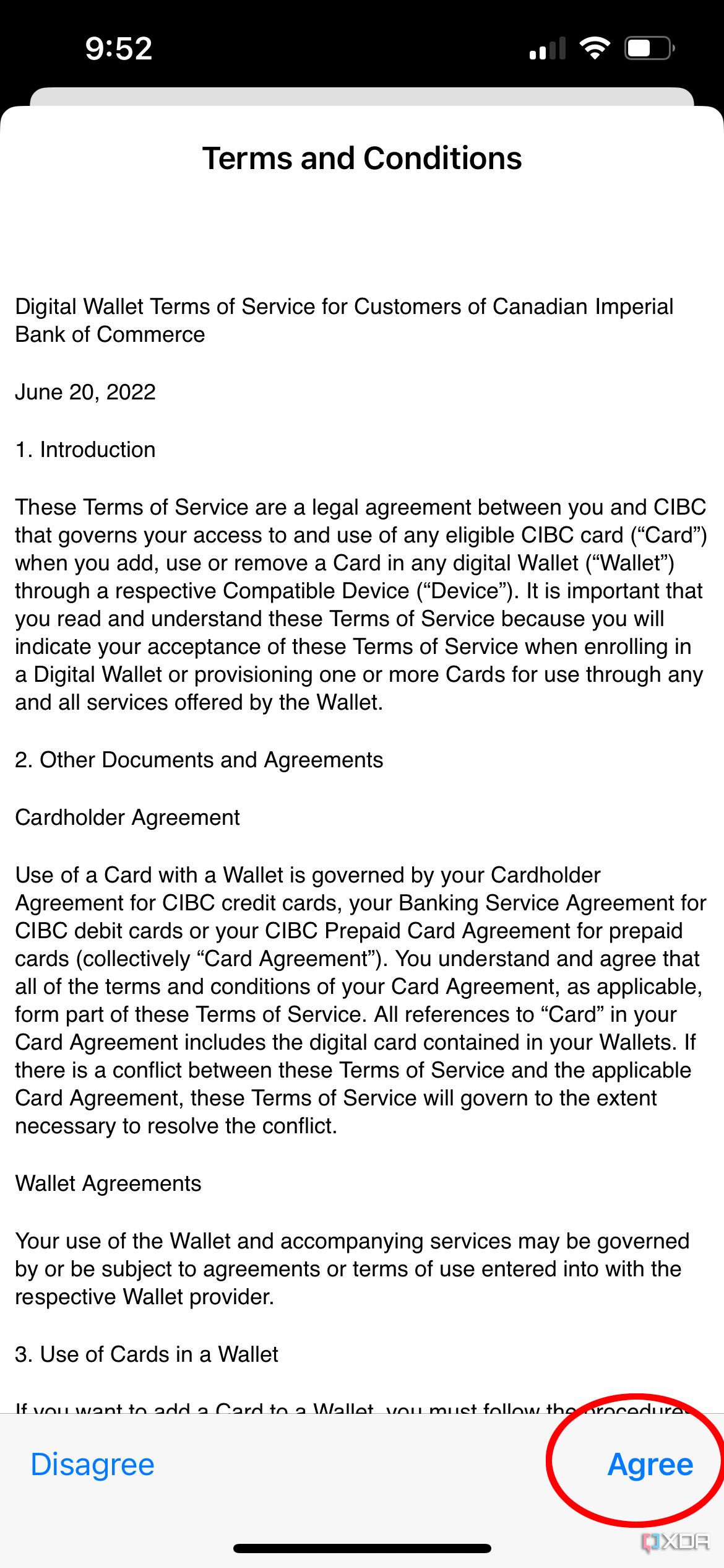 The terms of agreement page for adding a card in Apple Wallet.