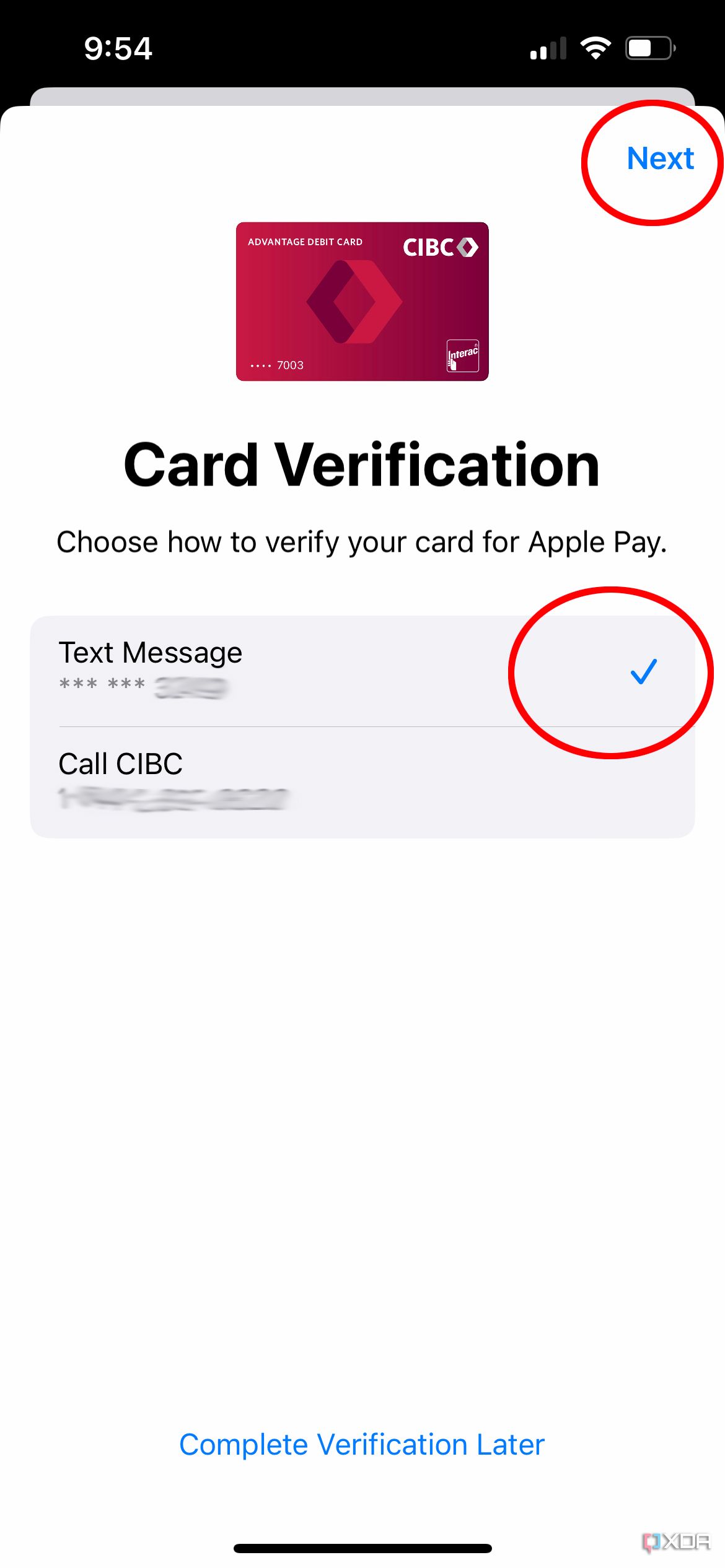 The card verification page when adding a card to Apple Wallet.