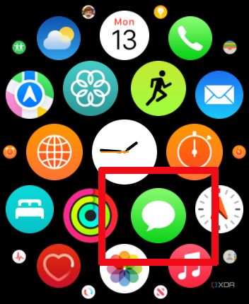 An Apple Watch screen showing icons with messages highlighted