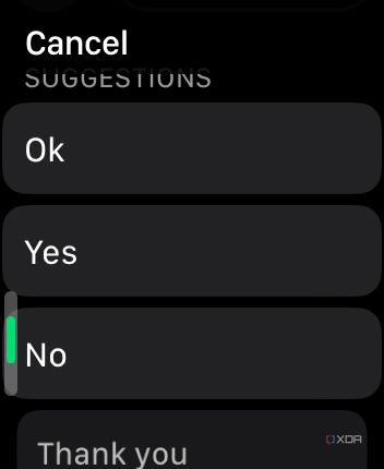 apple watch messages app showing Ok, Yes, No.