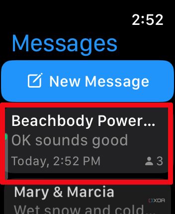 Apple Watch message showing as having been sent to a group conversation.