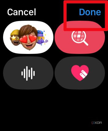 Apple Watch screen showing a contact and other icons and Done highlighted