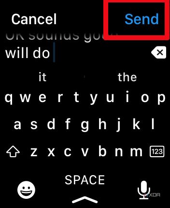 Apple Watch screen showing a keyboard and Send highlighted