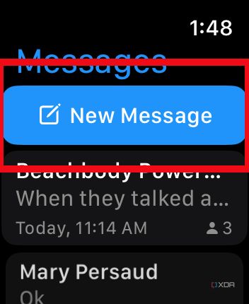 Apple Watch messages app showing New Message highlighted