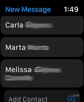 Apple Watch Messages app showing contact names in a list
