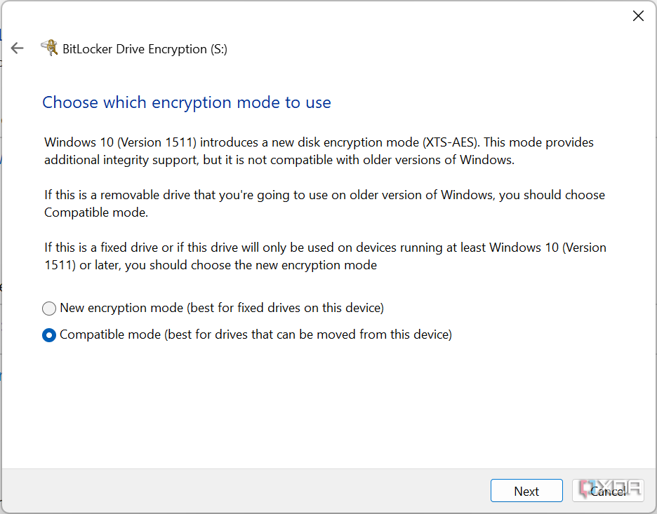 Captura de pantalla del cifrado BitLocker configurado en modo compatible