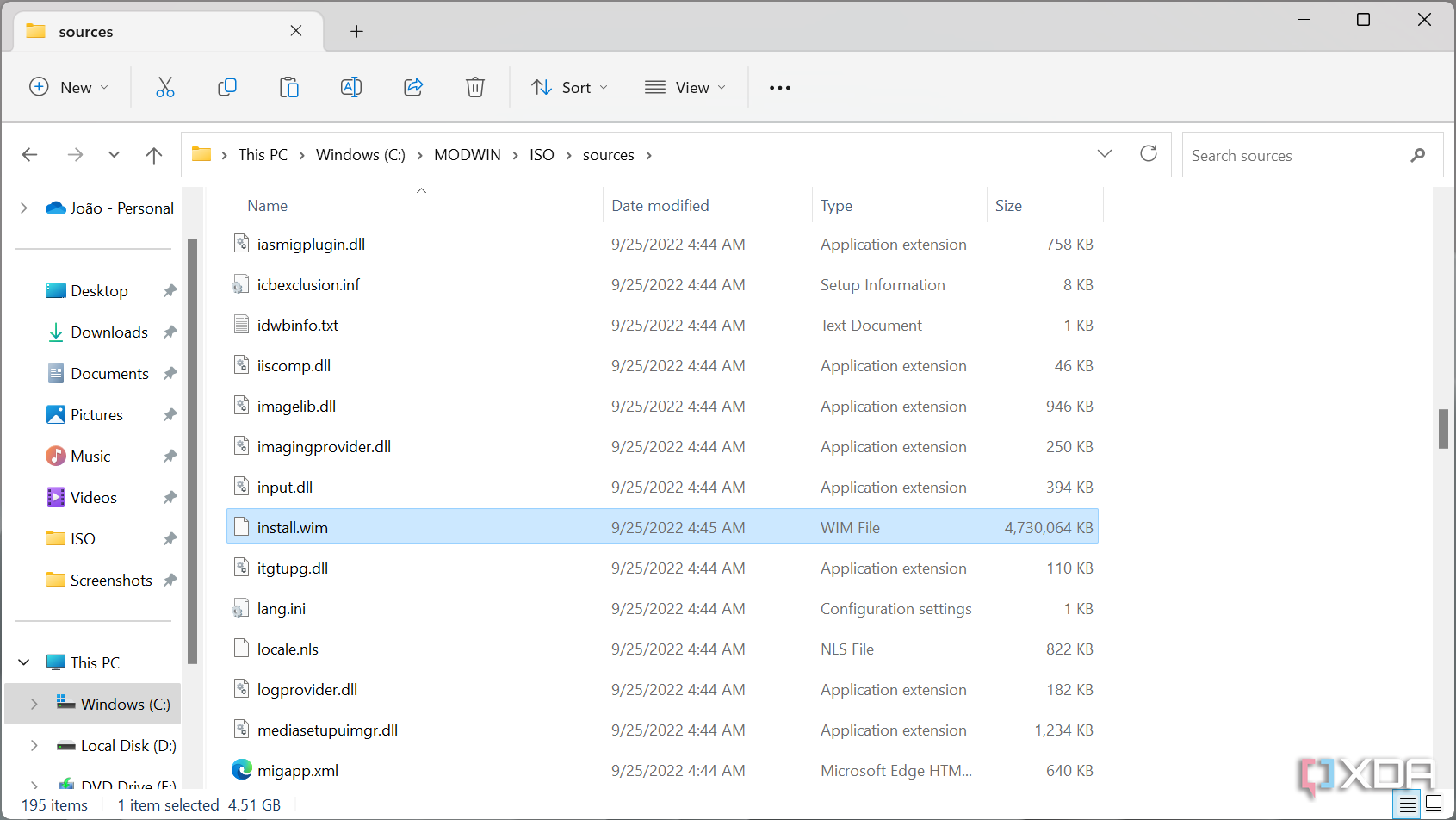 Screenshot of File Explorer showing a folder with various files, including one called install.wim