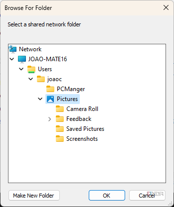 Choosing a folder to map to a network drive on Windows 11