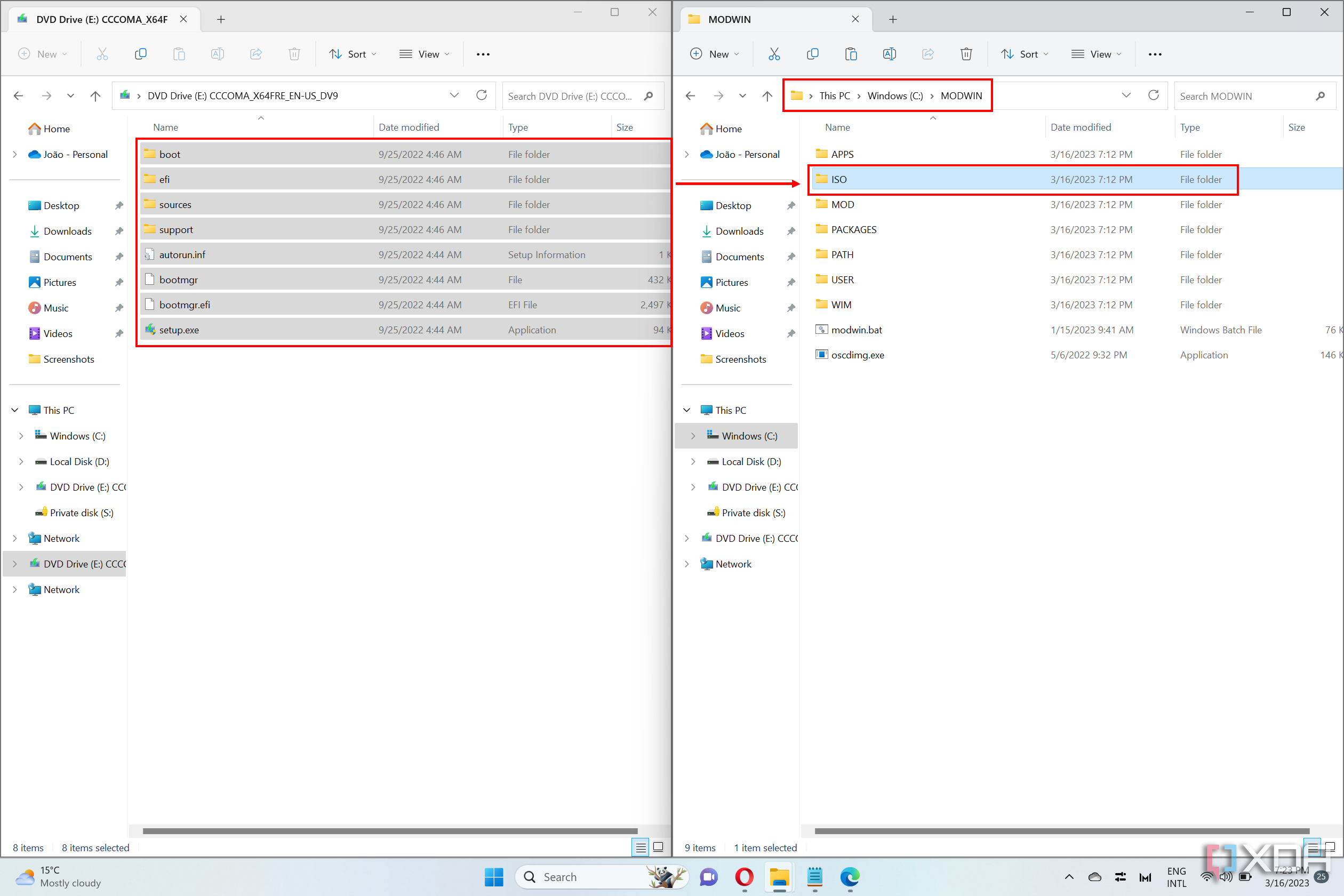 Screenshot of Windows 11 File Explorer windows with an arrow representing the process of copying files from a virtual drive to an ISO folder.