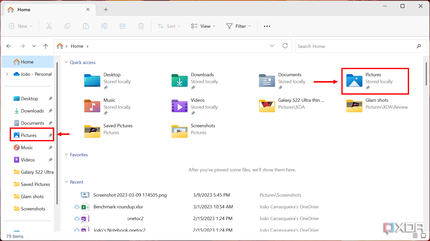 Screenshot of the Windows 11 File Explorer home page with the Pictures folder highlighted
