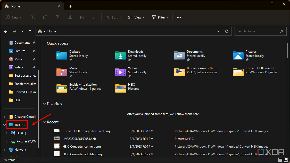 Screenshot of File Explorer with the This PC section highlighted on the navigation pane