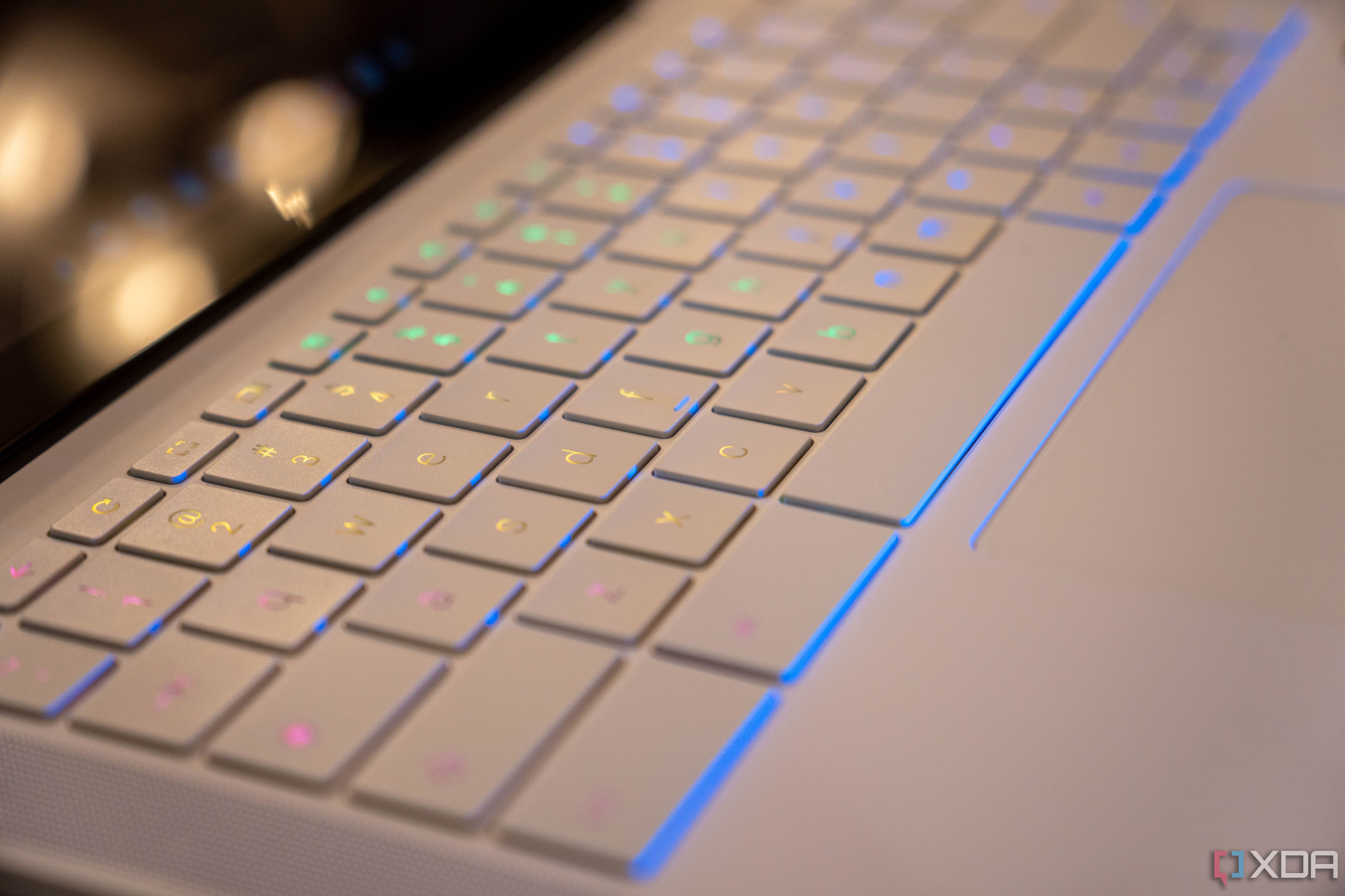 Angled view of white RGB keyboard on an HP Dragonfly Pro Chromebook