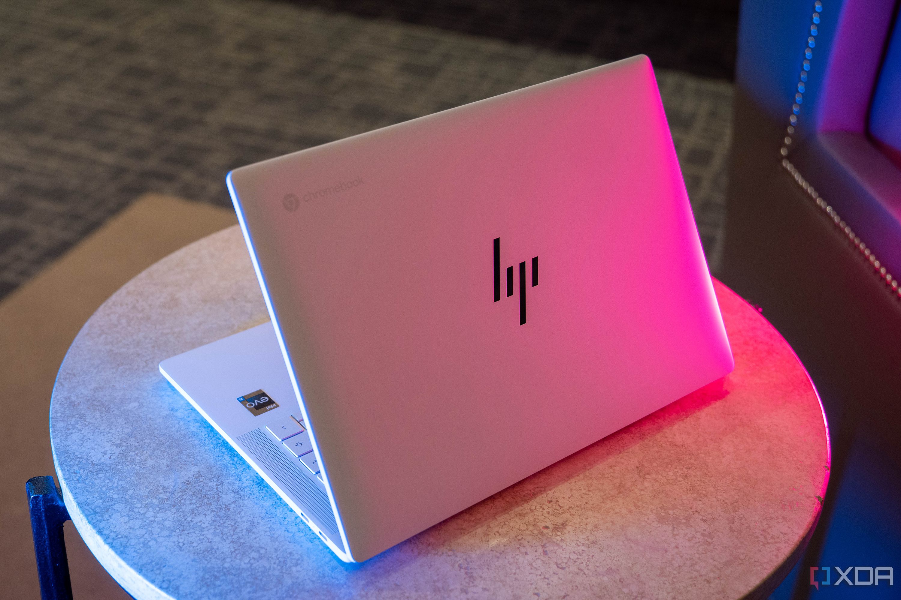 Angled view of white HP laptop