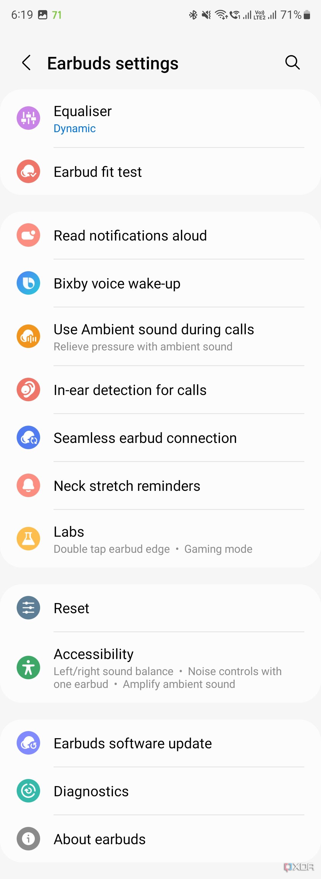 Screenshot of the Galaxy Wearable app showing the Earbuds settings.