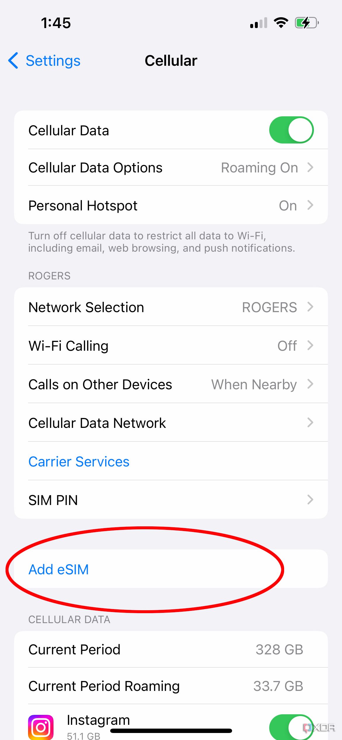 iPhone Cellular settings menu with Add eSIM highlighted