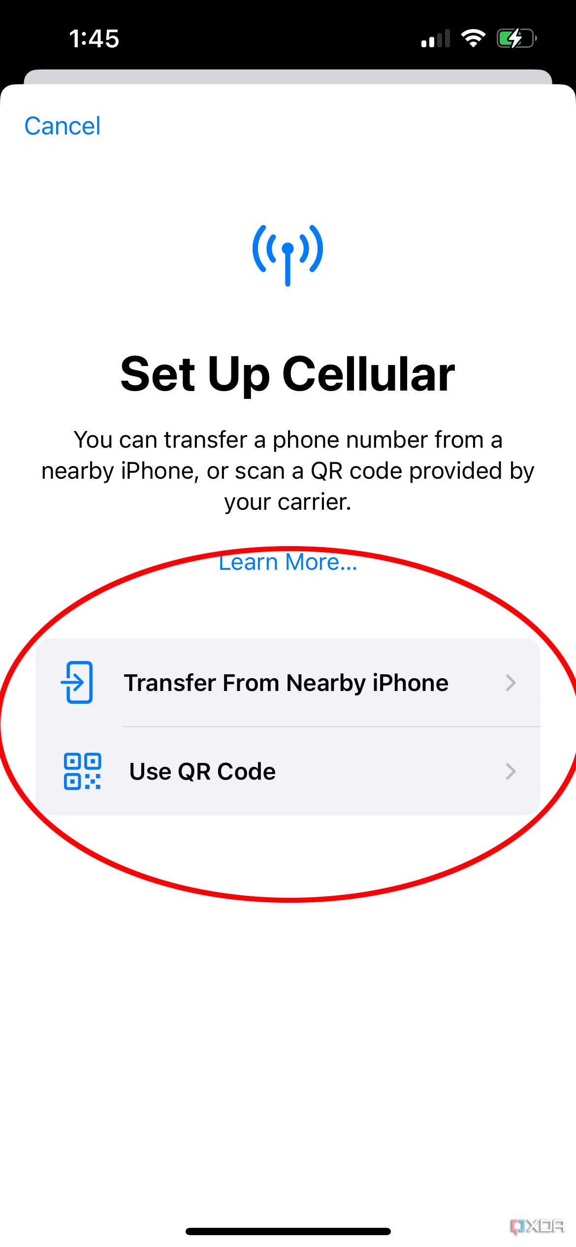 iPhone Set up Cellular menu showing transfer from nearby iPhone or use QR code.