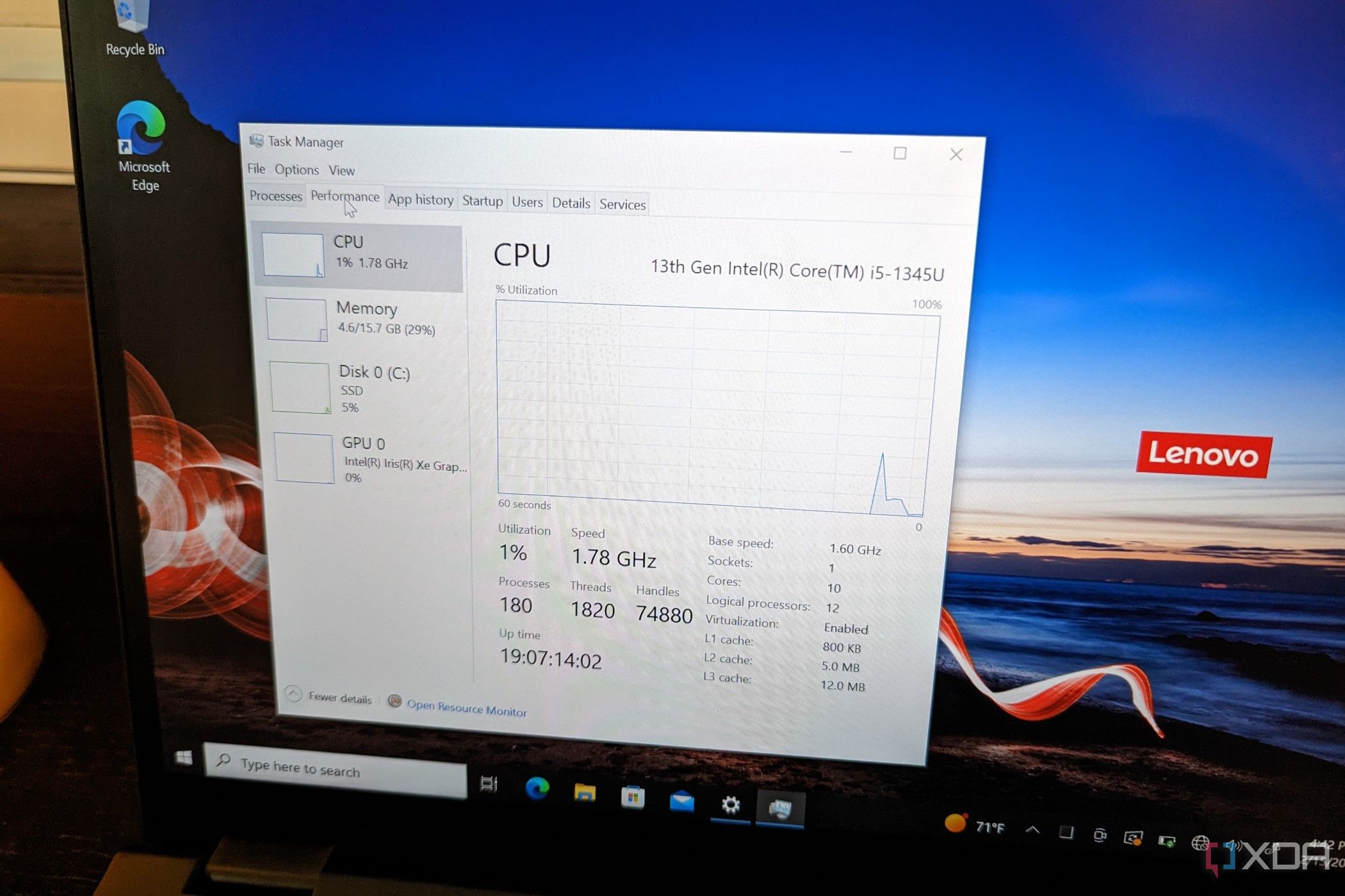 Lenovo ThinkPad X13 Yoga Gen 4 showing the CPU