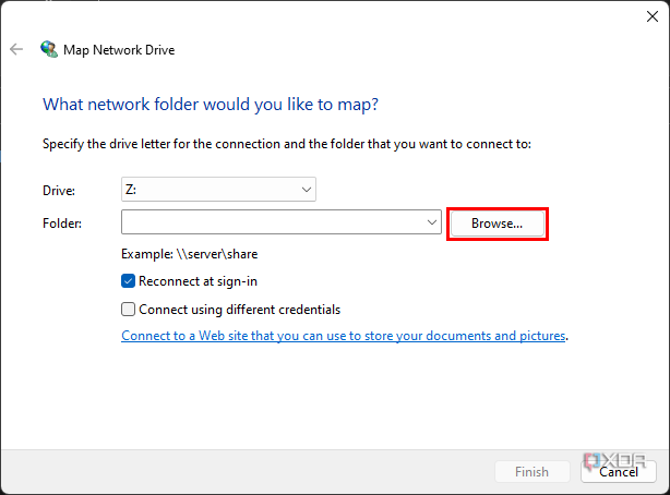 Screenshot of the Map Network Drive dialog with the browse button highlighted