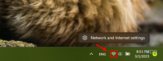 Screenshot of the system tray on Windows 11 with a menu showing the option to open network and internet settings