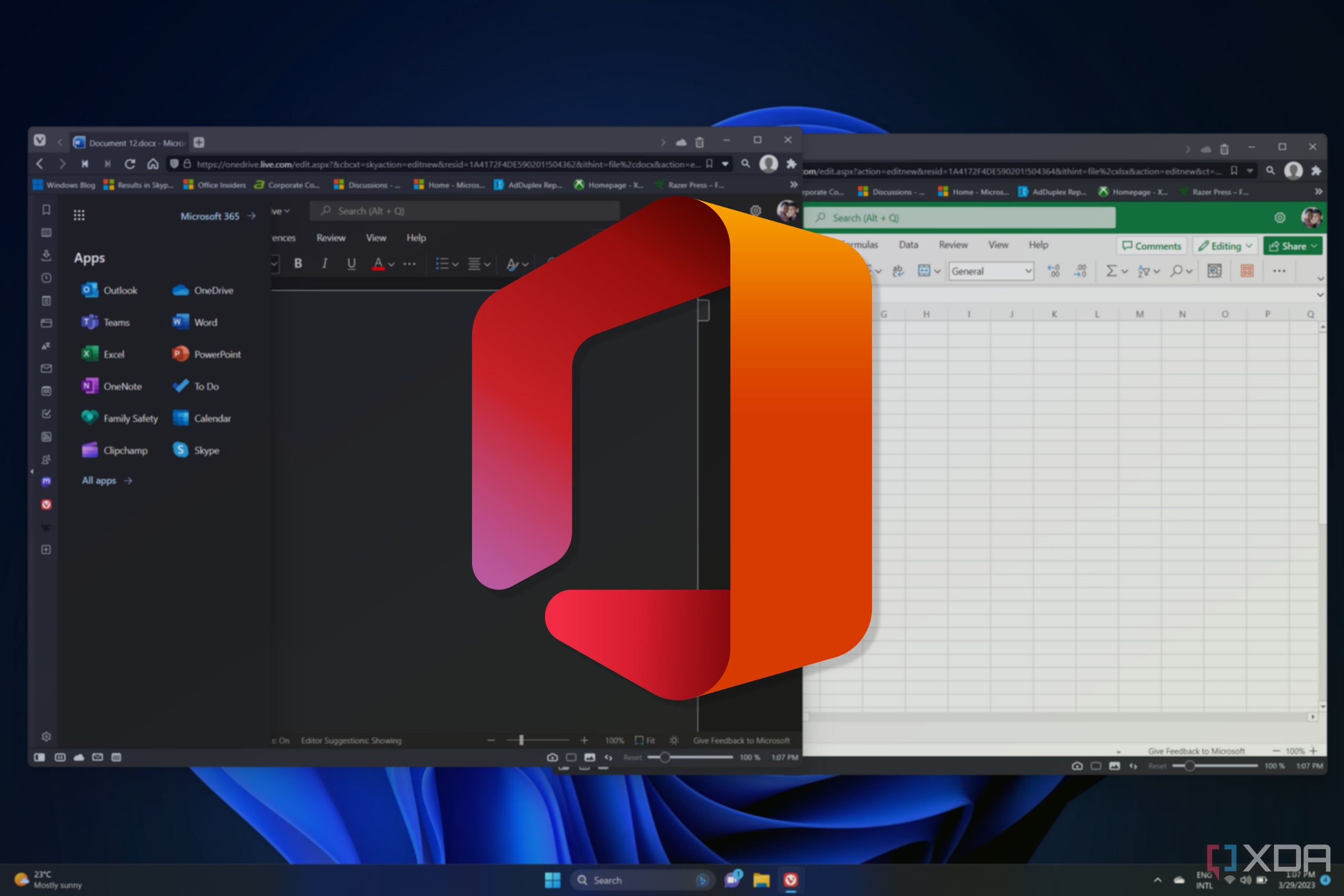 The Microsoft Office logo over a screenshot of Word and Excel web apps running on Windows 11