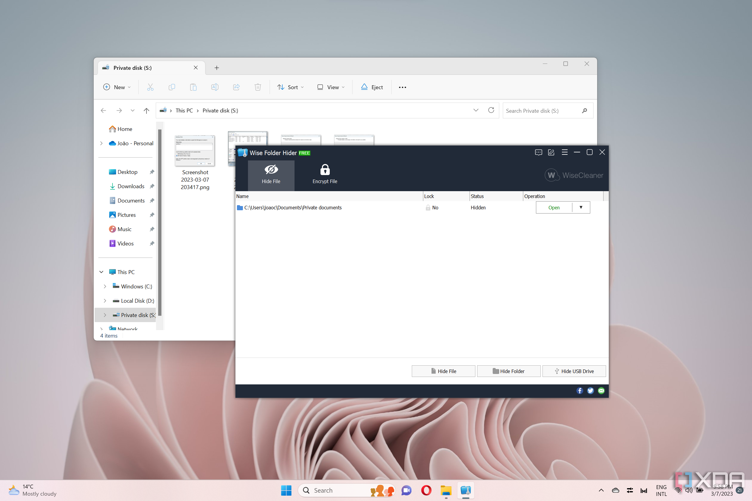 Снимок экрана: папка, защищенная паролем, в проводнике и Wise Folder Hider в Windows 11