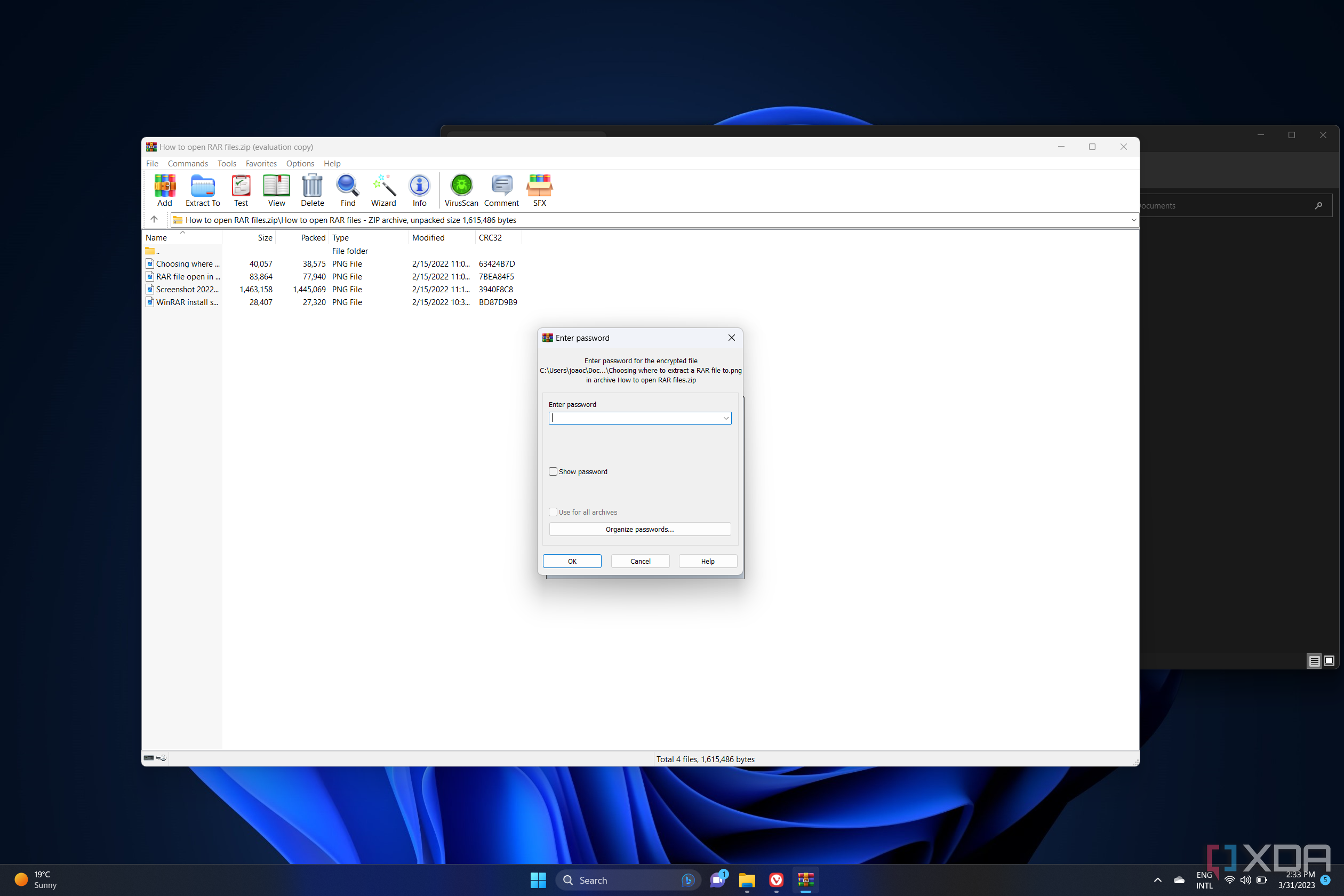 Screenshot of WinRAR attempting to extract files from a password-protected zip file